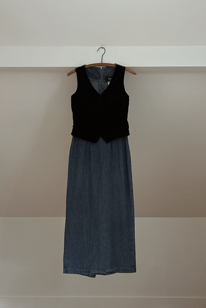 1990's BLACK VELVET WAISTCOAT DENIM 2FER DRESS | SIZE S