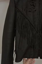 1980's BLACK FLORAL EMBOSSED BLACK BRAIDED FRINGE LEATHER BIKER JACKET | SIZE M