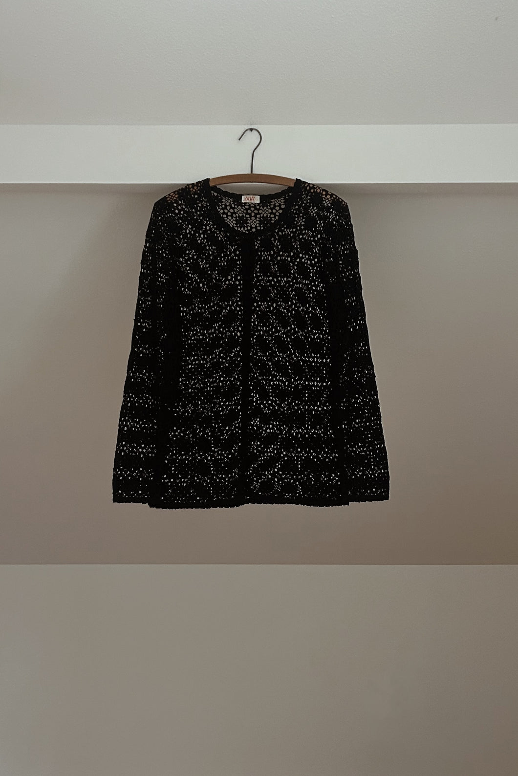 1970's BLACK COTTON CROCHET MANDARIN CARDIGAN | SIZE M