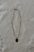 1940's BLACK + GOLD DAMASCENE PENDANT ON 1970's GOLD FILL CHAIN