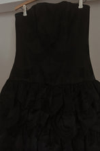 1980's VICTOR COSTA BLACK SATIN TIERED STRAPLESS DRESS | SIZE S