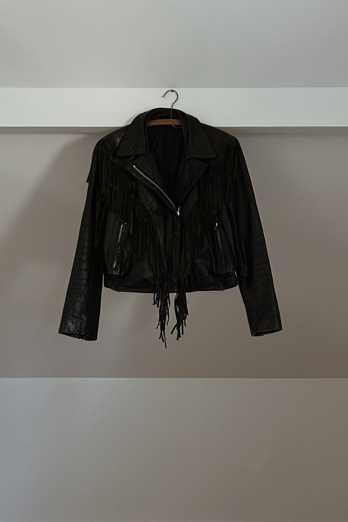 1980's BLACK FRINGE LEATHER CROPPED BIKER JACKET | SIZE M