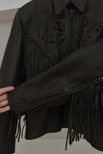 1980's BLACK FLORAL EMBOSSED BLACK BRAIDED FRINGE LEATHER BIKER JACKET | SIZE M