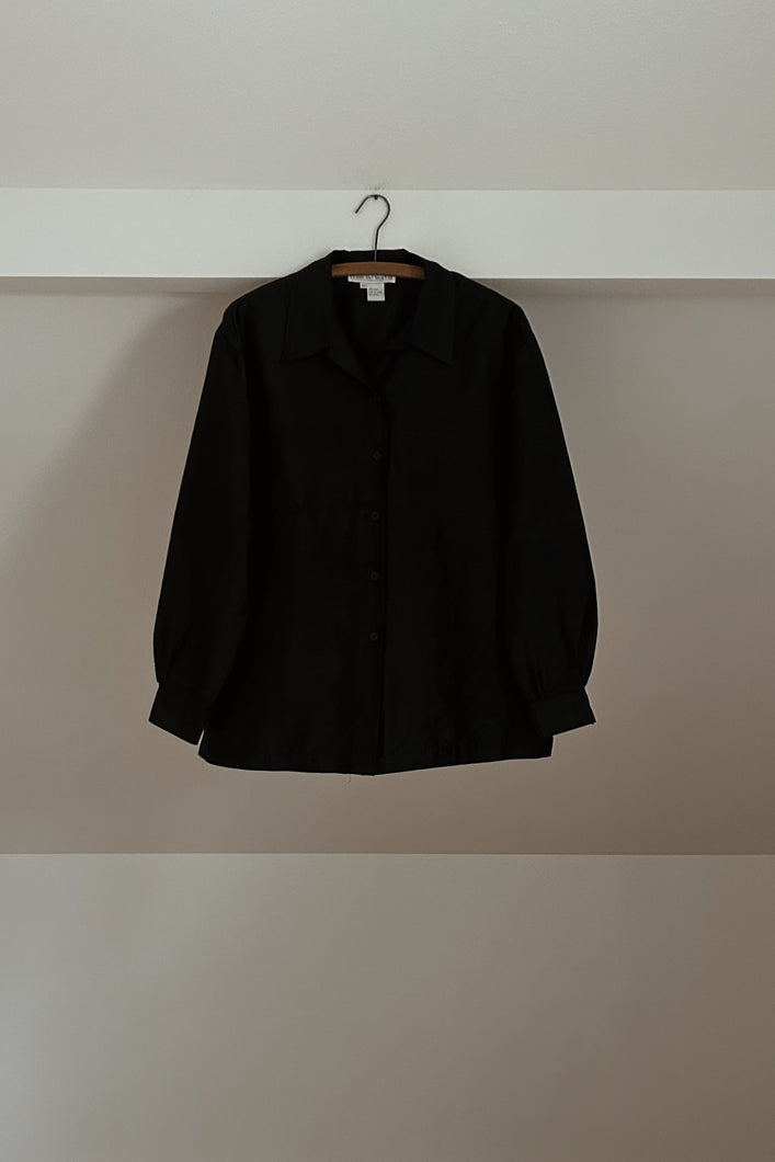 1990's PURE BLACK RAW SILK BLOUSE | SIZE L