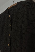 1980's BLACK LINEN EYELET EMBROIDERED PUFF SHOULDER JACKET | SIZE M