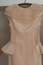 1980's BLUSH LINEN SMOCKED PEPLUM DRESS | SIZE S