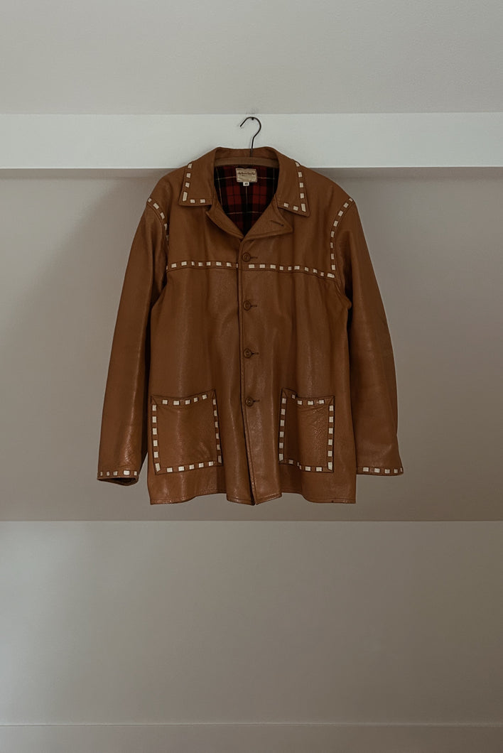 1950's RARE CAMEL STITCHED LEATHER SPORT TOGS JACKET | SIZE XL