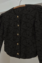 1980's BLACK LINEN EYELET EMBROIDERED PUFF SHOULDER JACKET | SIZE M