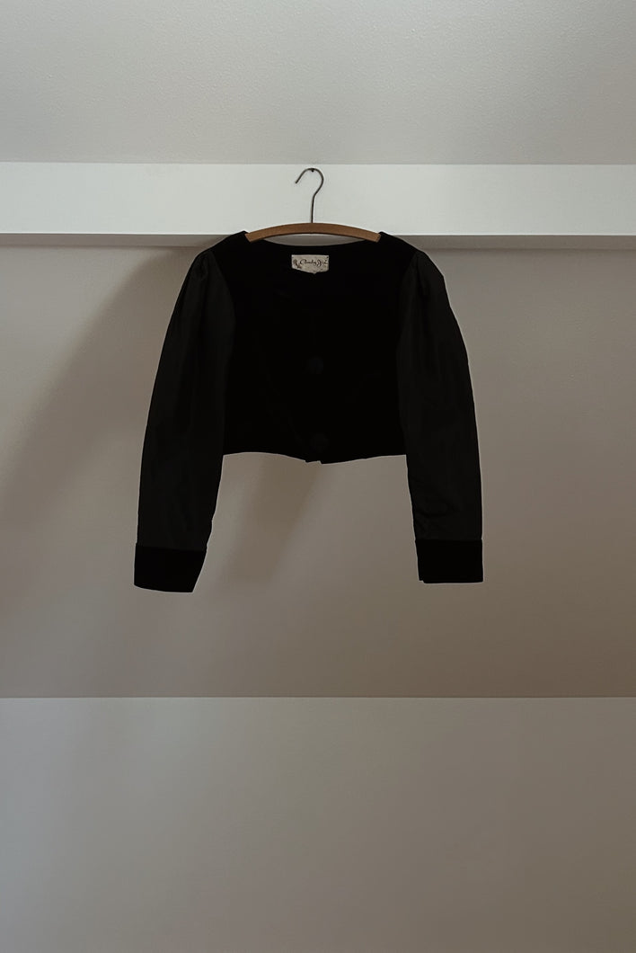 1950's BLACK VELVET TAFFETA PUFF SHOULDER CROP JACKET | SIZE S/M