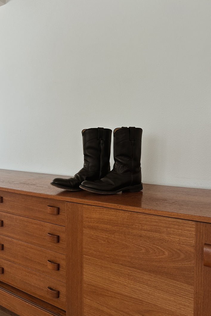 1980's CLASSIC JUSTIN BLACK LEATHER ROPER BOOTS | SIZE 9.5/10