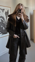 1960's CHOCOLATE LEATHER + FUR COLLAR WRAP JACKET COAT | SIZE S/M