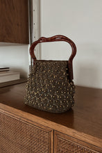 1960's GOLD BEADED OLIVE CORD KNIT BAG | LUCITE HANDLES | 8.5" x 6" x 3.5"