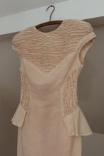 1980's BLUSH LINEN SMOCKED PEPLUM DRESS | SIZE S