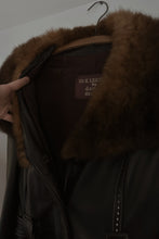 1960's CHOCOLATE LEATHER + FUR COLLAR WRAP JACKET COAT | SIZE S/M