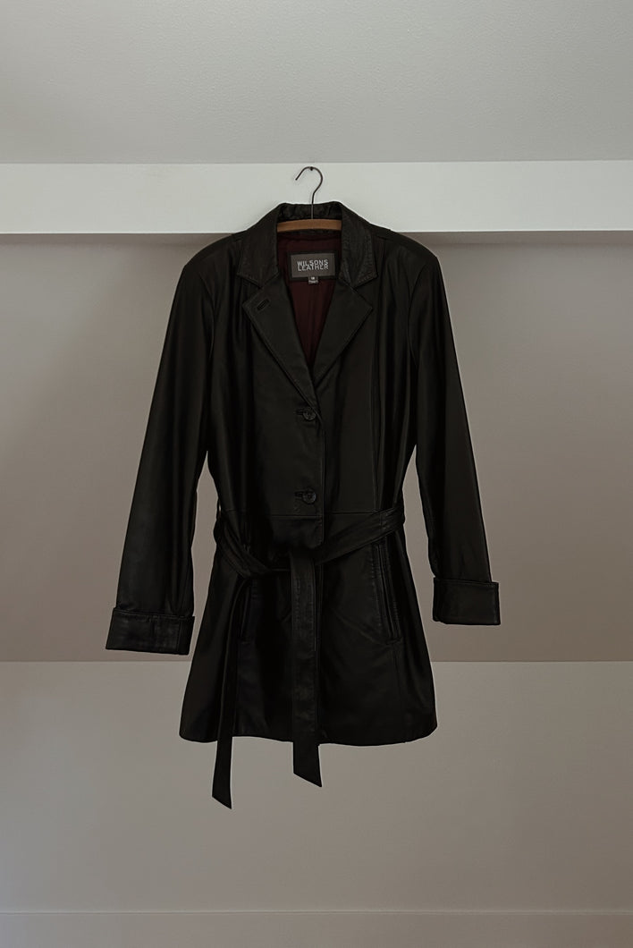 1990's WILSONS BLACK LEATHER TRENCH JACKET | SIZE XL