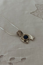 1980's STERLING SILVER MODERNIST LAPIS PENDANT ON LIQUID STERLING CHAIN