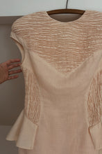 1980's BLUSH LINEN SMOCKED PEPLUM DRESS | SIZE S