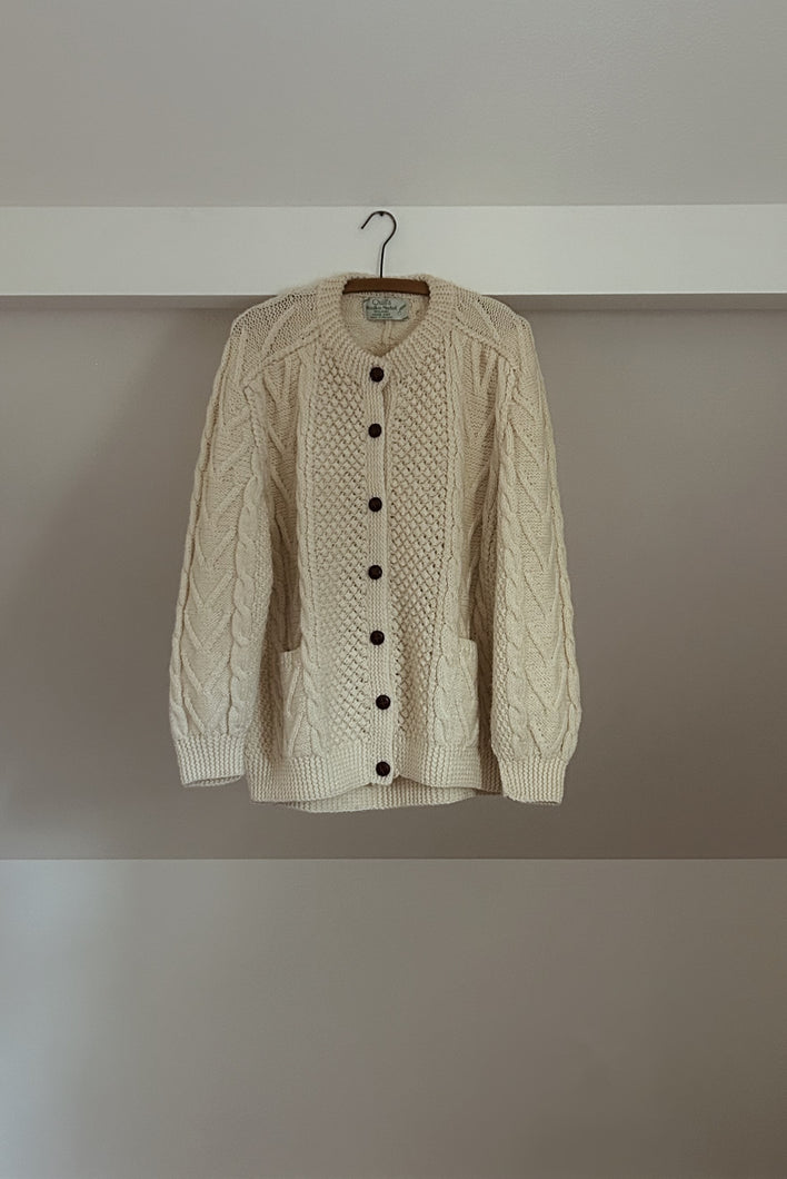 1980's HAND KNIT WOOL FISHERMAN CARDIGAN | SIZE L