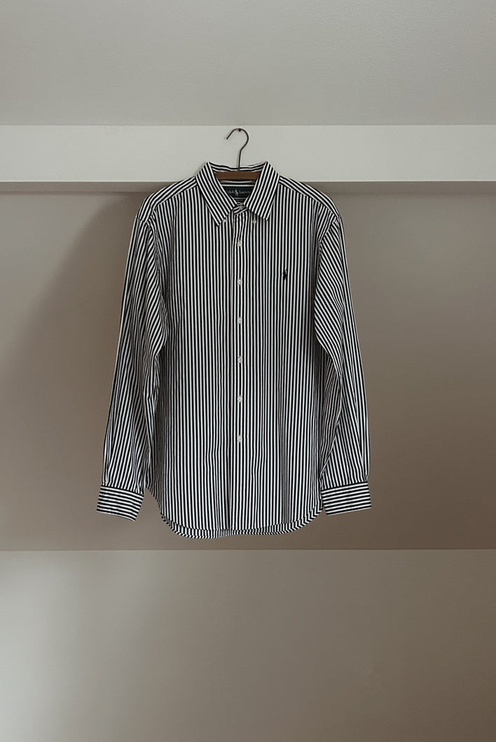 1990's RALPH LAUREN BLACK CANDY STRIPE CLASSIC FIT POPLIN | SIZE M/L