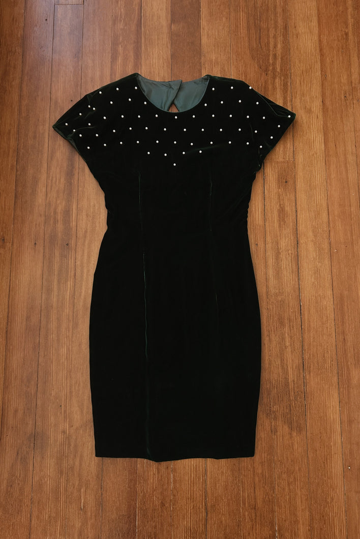 1990's EMERALD VELVET + PEARL DRESS | SIZE S