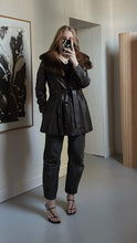 1960's CHOCOLATE LEATHER + FUR COLLAR WRAP JACKET COAT | SIZE S/M