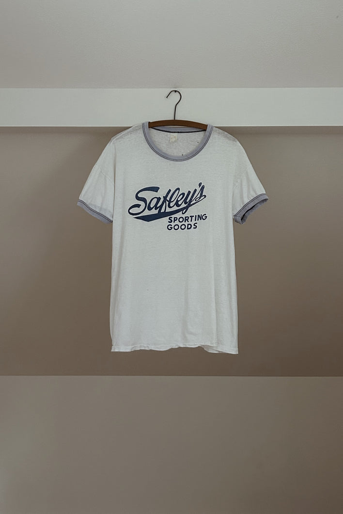 1960's SAFETY'S SPORTING GOODS THRASHED RINGER TEE | SIZE L/XL