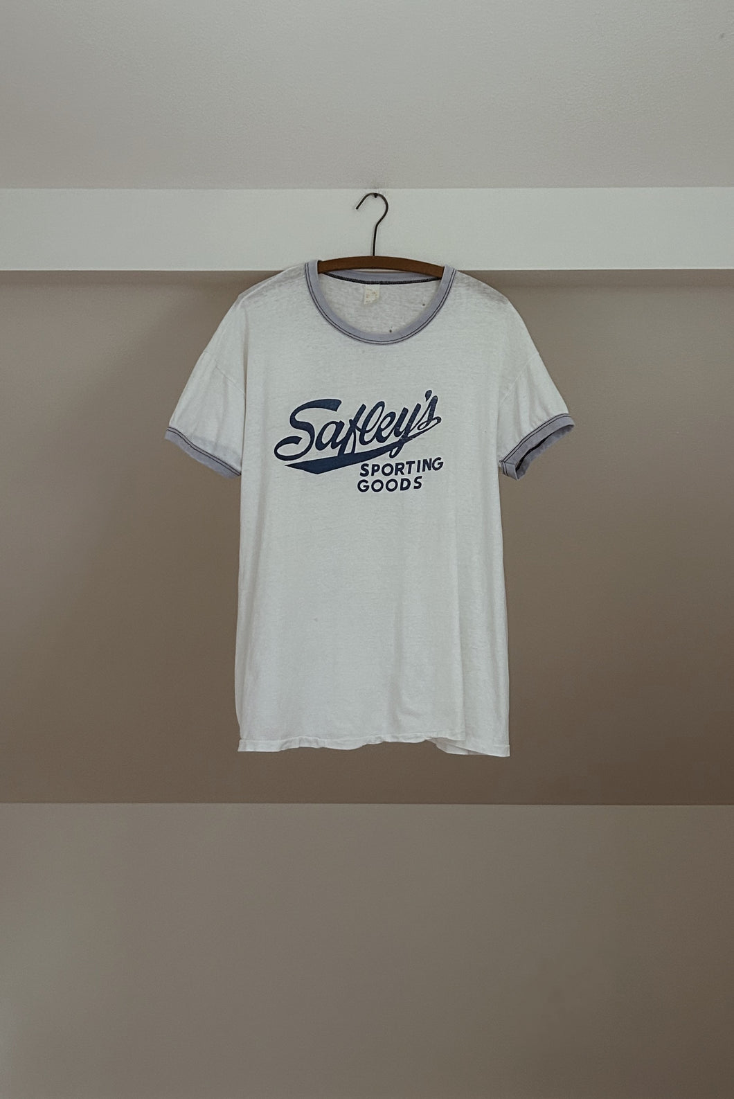 1960's SAFETY'S SPORTING GOODS THRASHED RINGER TEE | SIZE L/XL