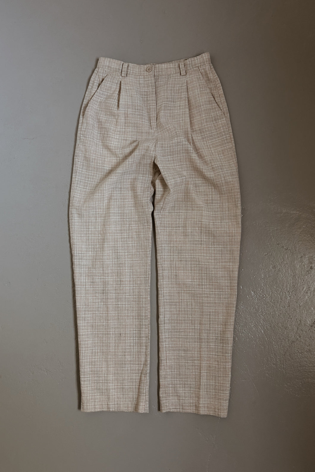 EARLY 1990's LINEN PLAID PLEATED TROUSERS | SIZE 28