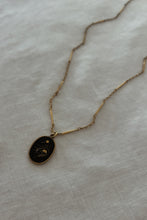 1940's BLACK + GOLD DAMASCENE PENDANT ON 1970's GOLD FILL CHAIN