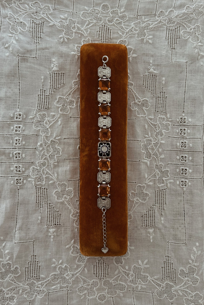 1920's RARE HAWAIIAN ART DECO CITRINE GLASS + STERLING PANEL BRACELET