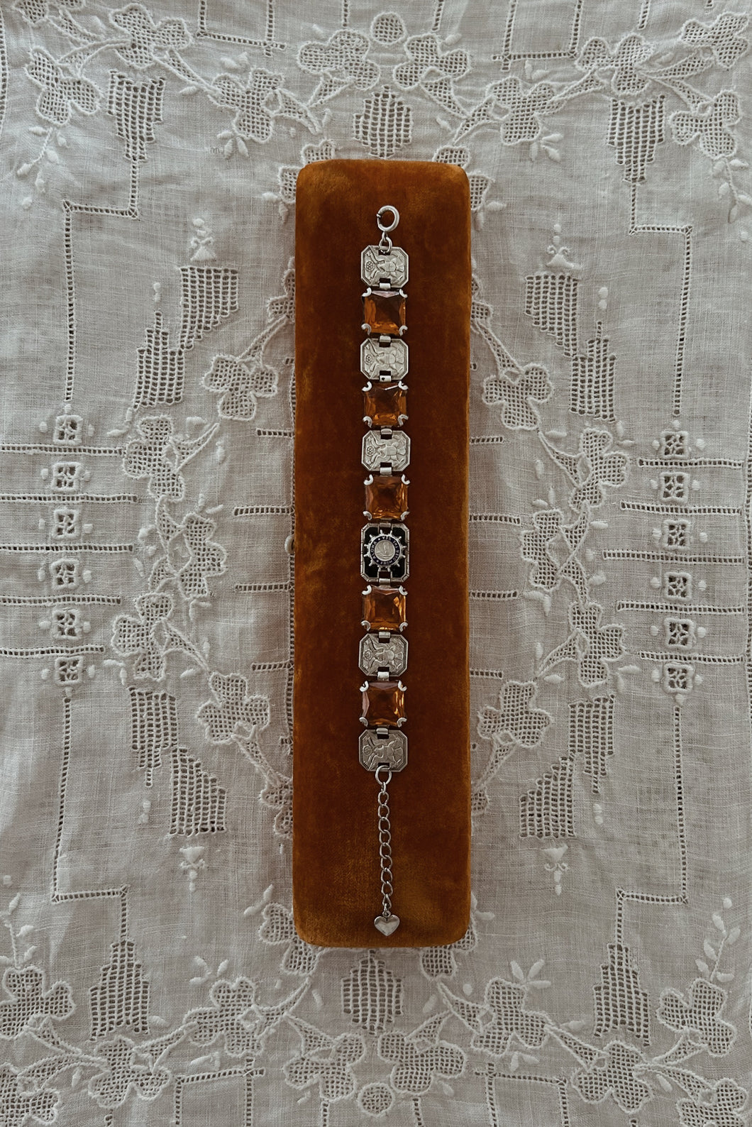 1920's RARE HAWAIIAN ART DECO CITRINE GLASS + STERLING PANEL BRACELET