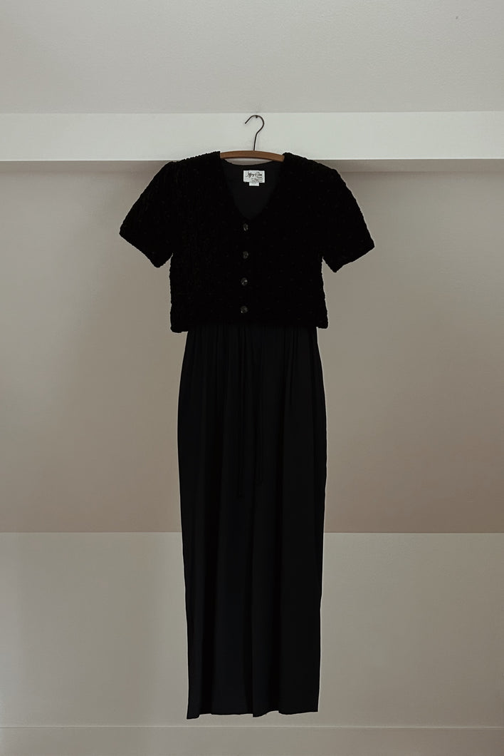 1990's BLACK WOVEN CHENILLE OVERLAY JUMPSUIT | SIZE M