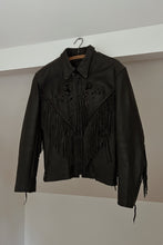 1980's BLACK FLORAL EMBOSSED BLACK BRAIDED FRINGE LEATHER BIKER JACKET | SIZE M