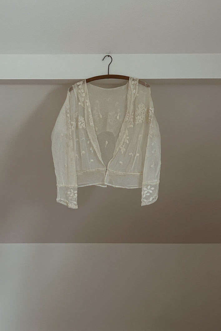 EDWARDIAN SILK MESH EMBROIDERED PEPLUM BLOUSE | SIZE M