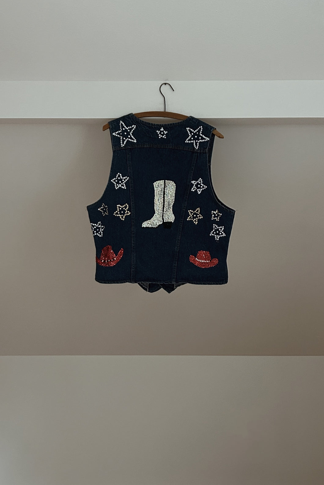 1980's SEQUIN EMBELLISHED WESTERN DENIM VEST | SIZE L