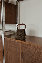 1960's GOLD BEADED OLIVE CORD KNIT BAG | LUCITE HANDLES | 8.5" x 6" x 3.5"