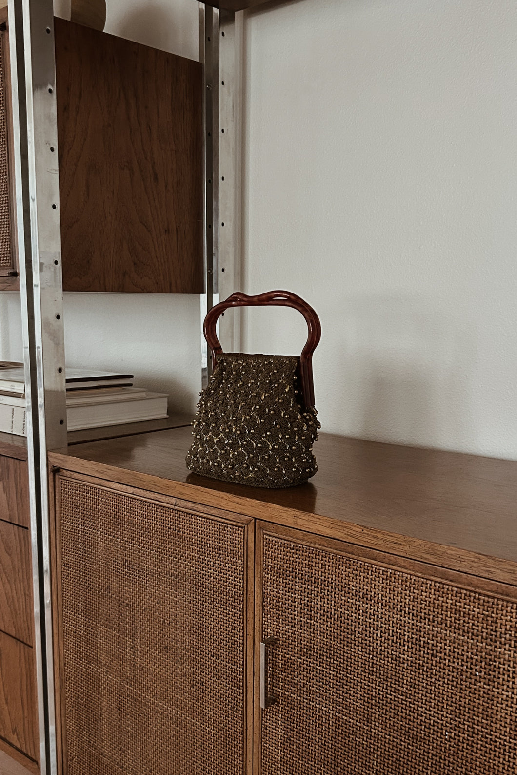1960's GOLD BEADED OLIVE CORD KNIT BAG | LUCITE HANDLES | 8.5
