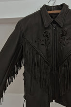 1980's BLACK FLORAL EMBOSSED BLACK BRAIDED FRINGE LEATHER BIKER JACKET | SIZE M