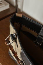1990's DOONEY & BOURKE NAVY LEATHER BAMBOO HANDLE BAG | 9" x 9.5" x 2.5"