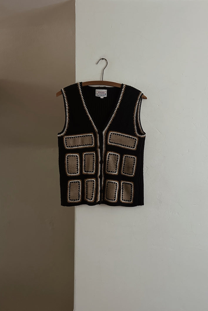 1970's BLACK CROCHET + PATCHED SUEDE TANK