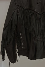 1980's BLACK FLORAL EMBOSSED BLACK BRAIDED FRINGE LEATHER BIKER JACKET | SIZE M