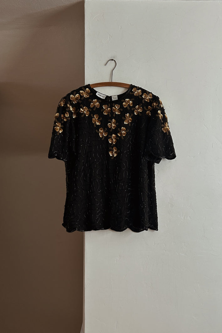 1990's BLACK + GOLD BEADED SILK BLOUSE