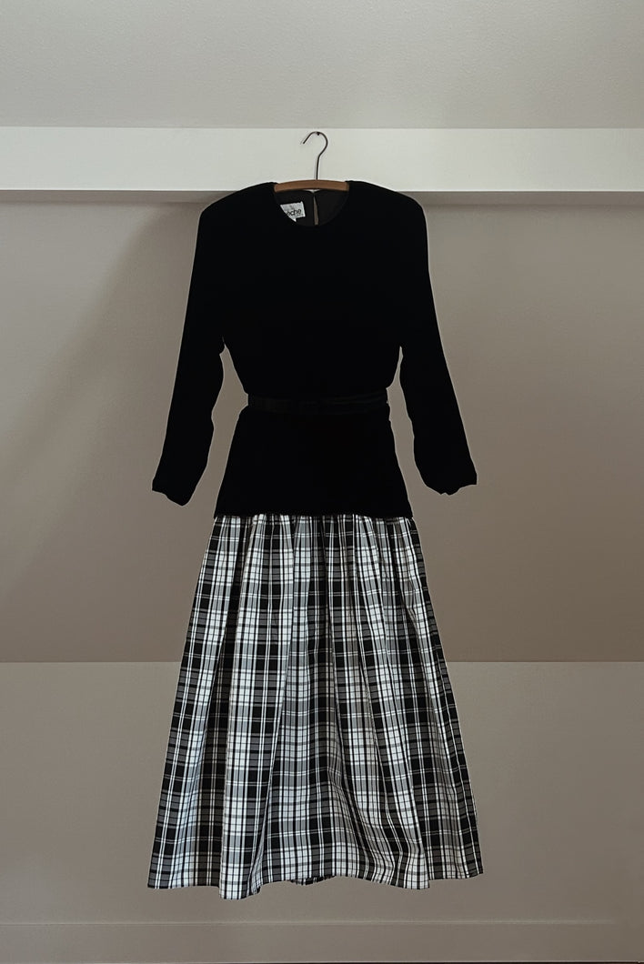 1980's BLACK VELVET + PLAID TAFFETA DROP WAIST BELTED GOWN | SIZE M