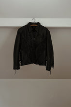 1980's BLACK FLORAL EMBOSSED BLACK BRAIDED FRINGE LEATHER BIKER JACKET | SIZE M