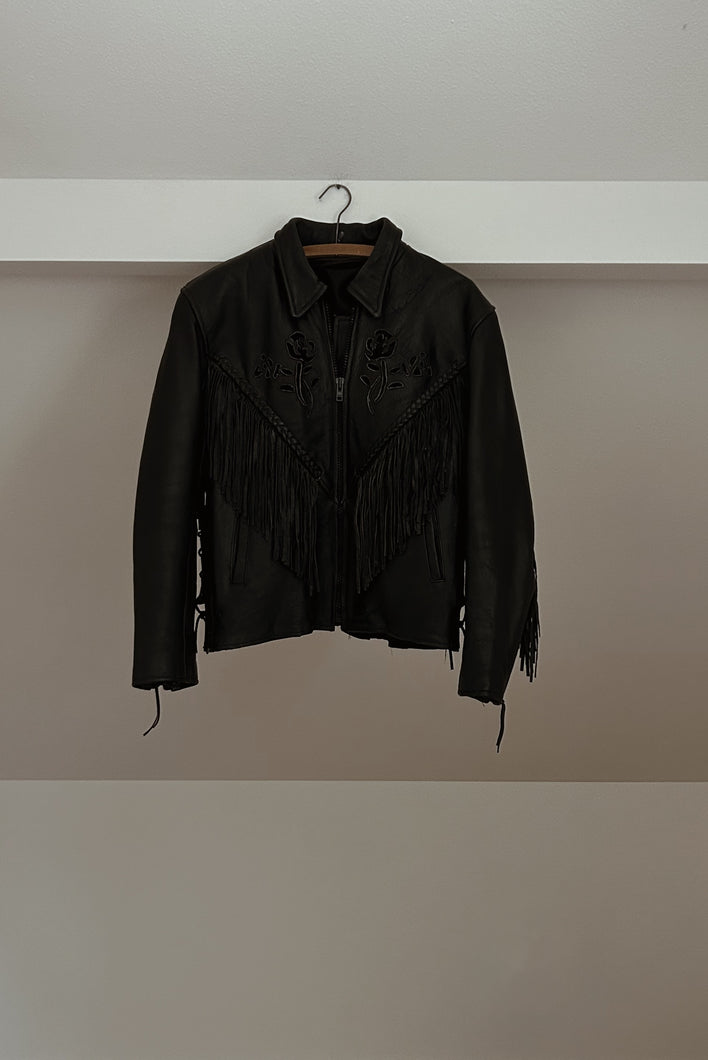 1980's BLACK FLORAL EMBOSSED BLACK BRAIDED FRINGE LEATHER BIKER JACKET | SIZE M