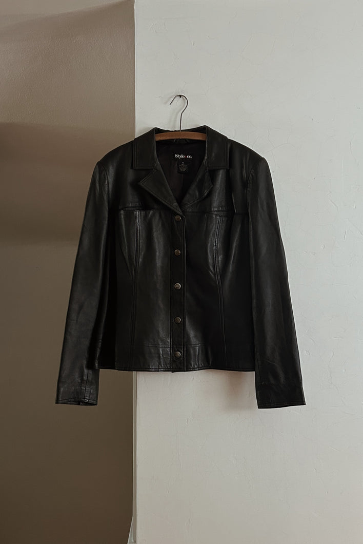 Y2K BLACK LEATHER SHIRT JACKET | SIZE L