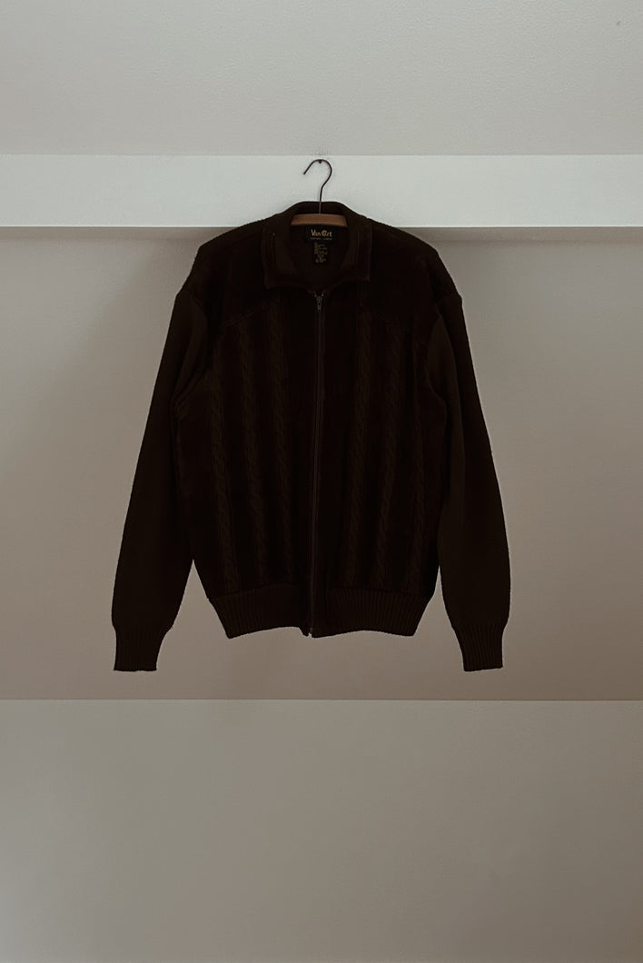 1970's CHOCOLATE SUEDE CABLE KNIT ZIP JACKET | SIZE XL