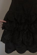 1980's VICTOR COSTA BLACK SATIN TIERED STRAPLESS DRESS | SIZE S