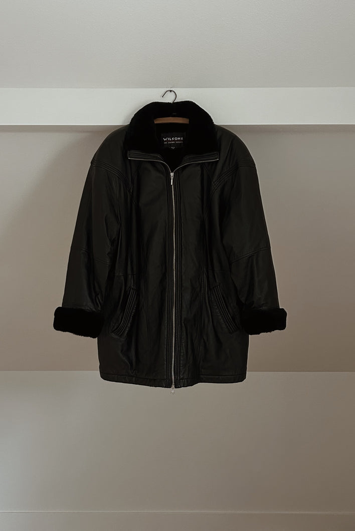 1990's WILSONS BLACK LEATHER COAT | FAUX FUR COLLAR | SIZE L