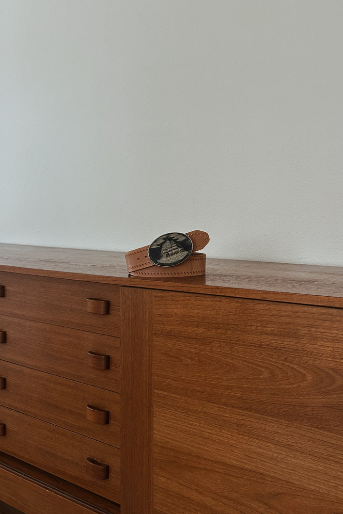 1970's INCOLAY STONE ON LEATHER SEAFARER BELT | SIZE M